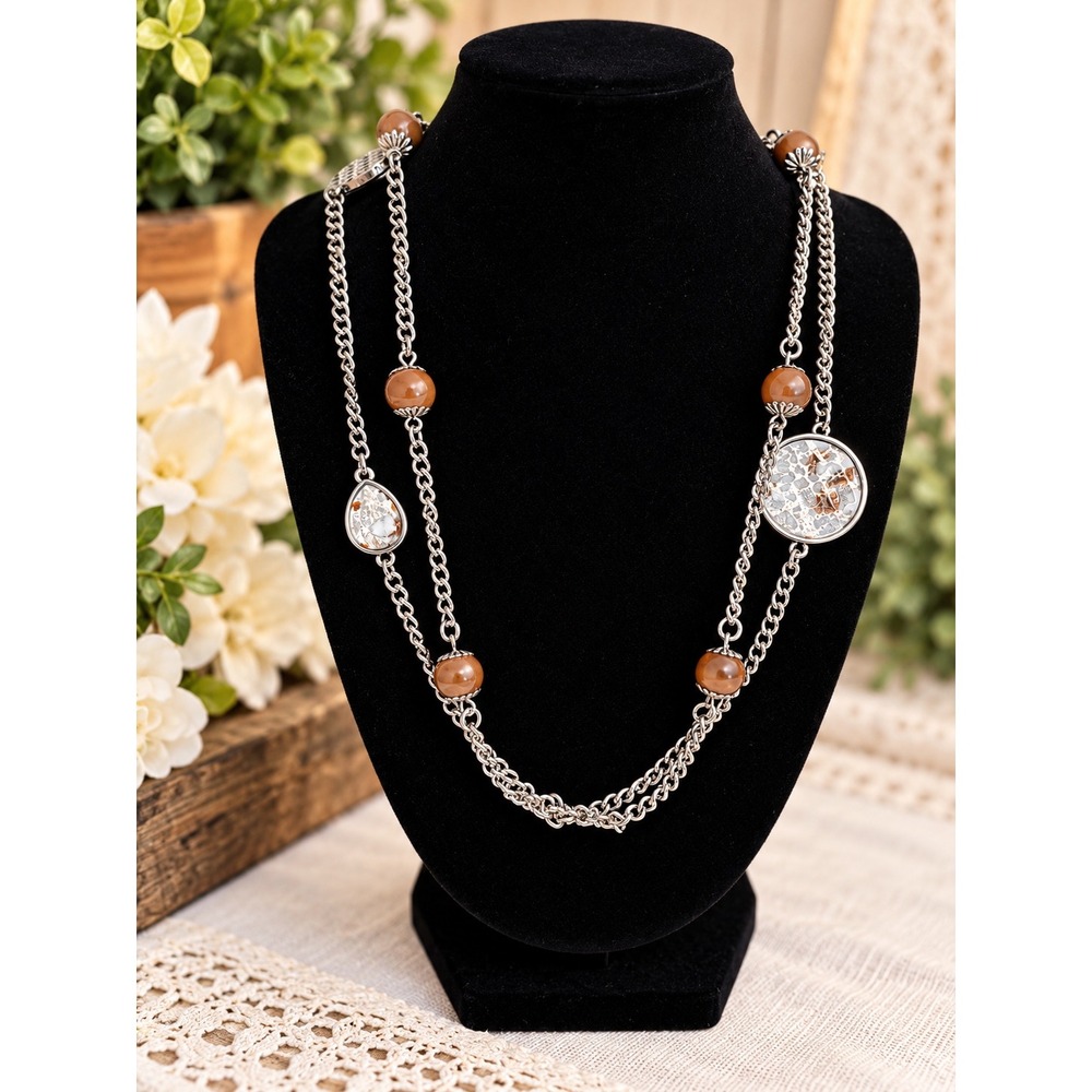 Silver Tone Multi Strand Long Necklace Brown Faux Pearl Marbled Resin Stations